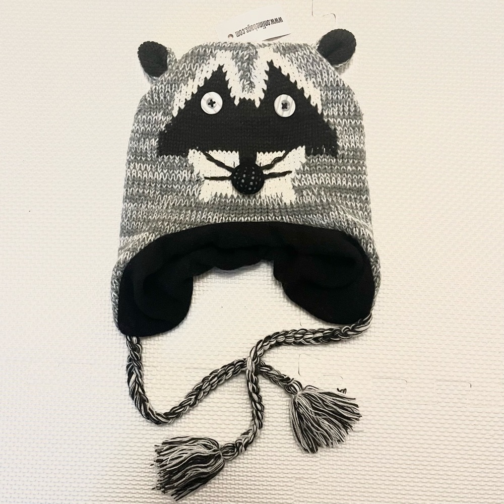 Kids Knit Hat with Raccoon Face Grey Black Size S NWT
